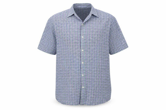 Front view of Atlantic Bay men’s blue plaid polyester button-up, size M, collared button