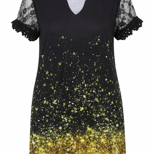 Preworn Womens Black Geometric Cotton Tunic Blouse Size L V-Neck - Lace Detail