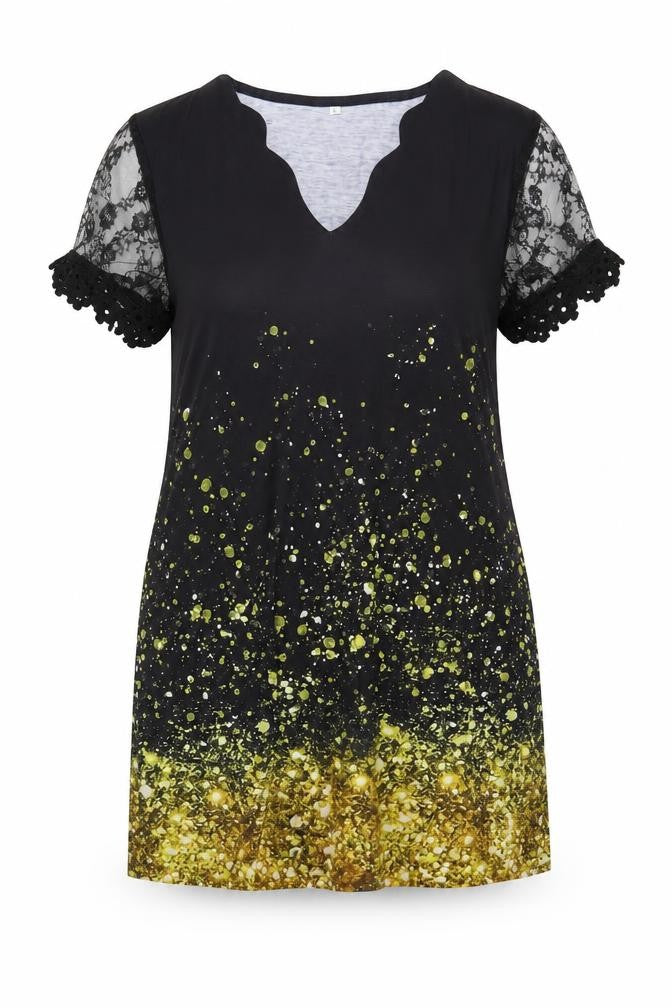 Preworn Womens Black Geometric Cotton Tunic Blouse Size L V-Neck - Lace Detail