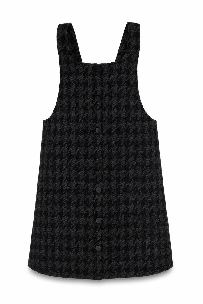 New Look Womens Grey Houndstooth Acrylic Pinafore/Dungaree Dress Size 4 Scoop Neck Pullover