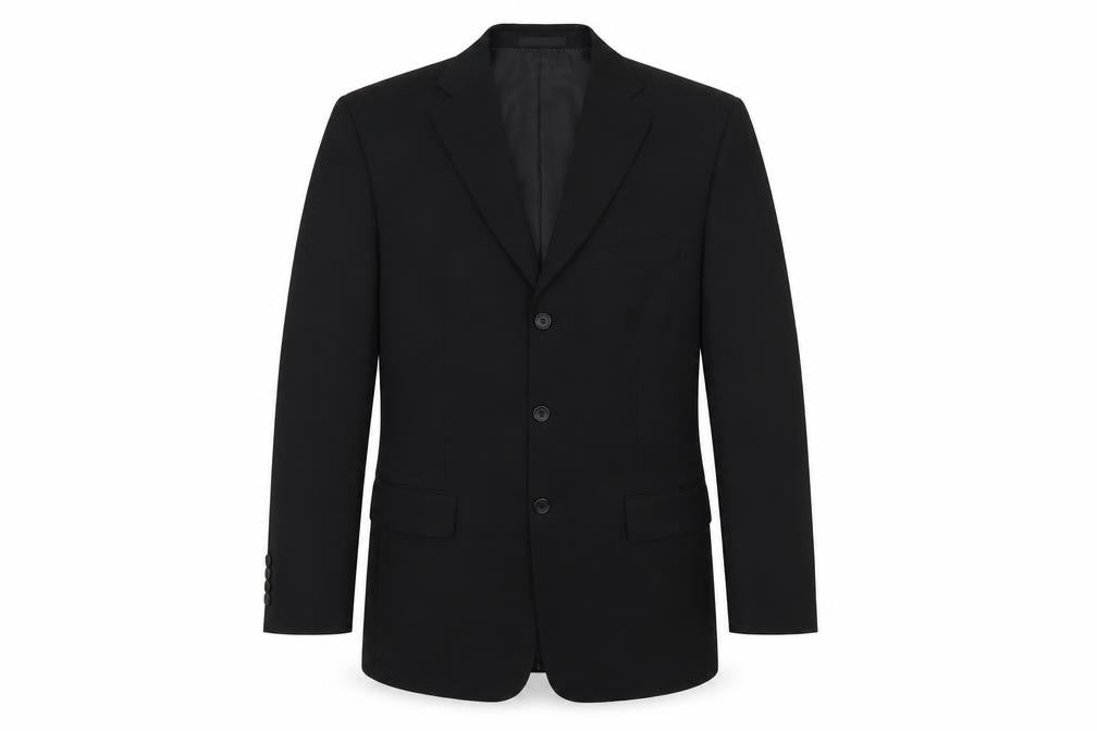 Front view of Greenwoods men’s black polyester jacket blazer, size 38