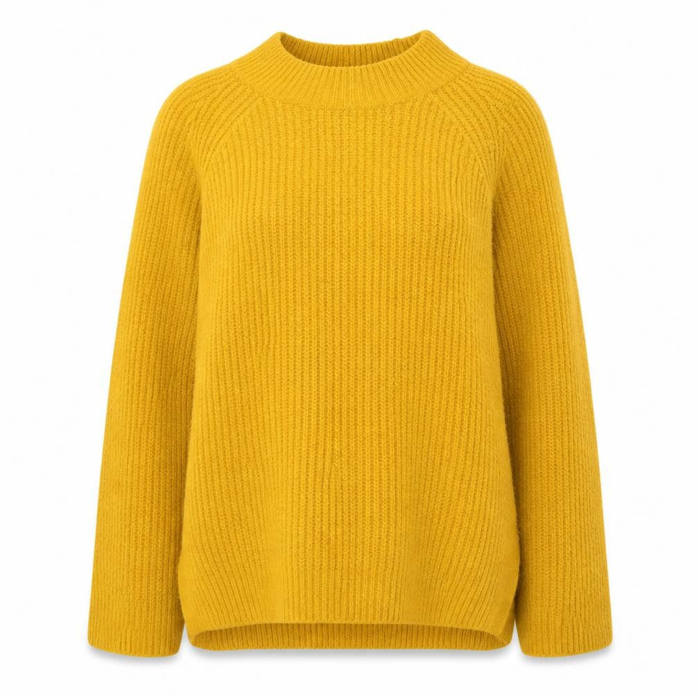 Front view of Primark women’s yellow mock neck acrylic jumper, size UK 10