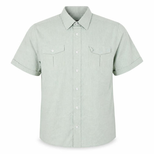 Front view of Premier Man men’s green polyester button-up, size M, collared button