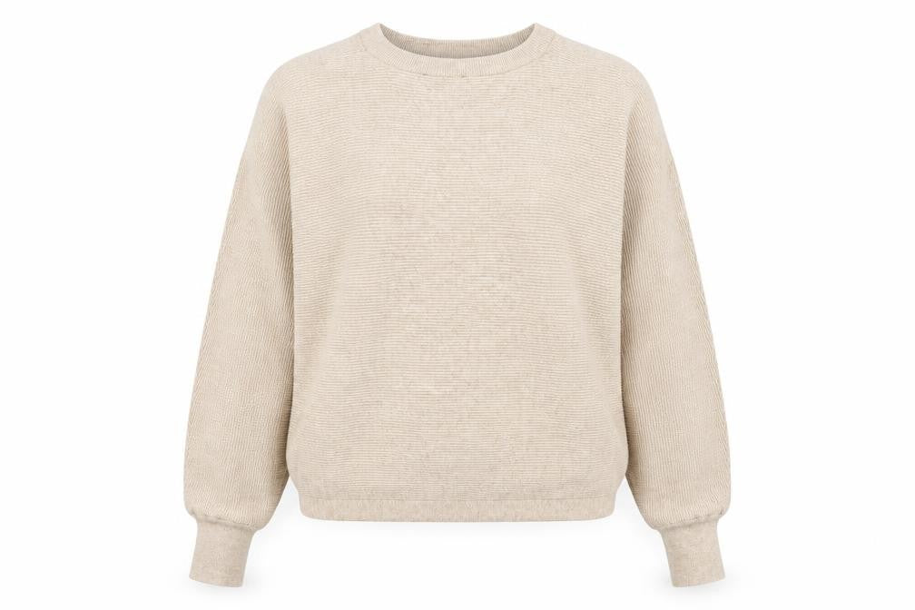 Front view of New Look women’s beige round neck viscose jumper, size M