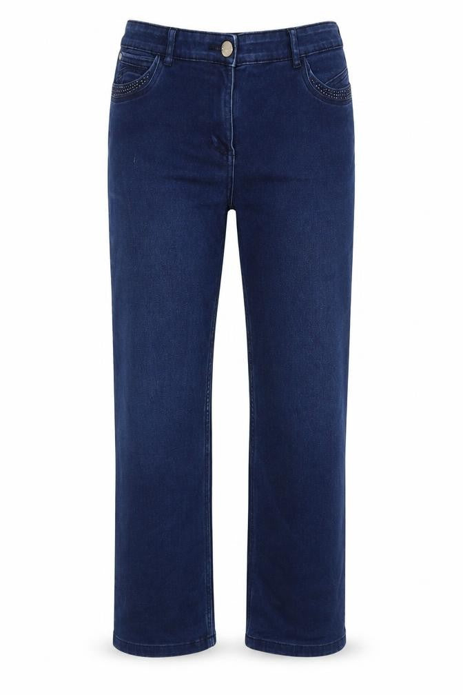 Front view of Per Una women’s blue polyester straight jeans, size UK 32, 29-inch leg regular button