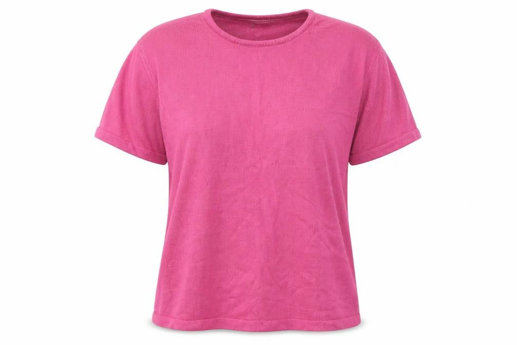 Front view of Janique women’s pink acrylic basic t-shirt, size M, round neck