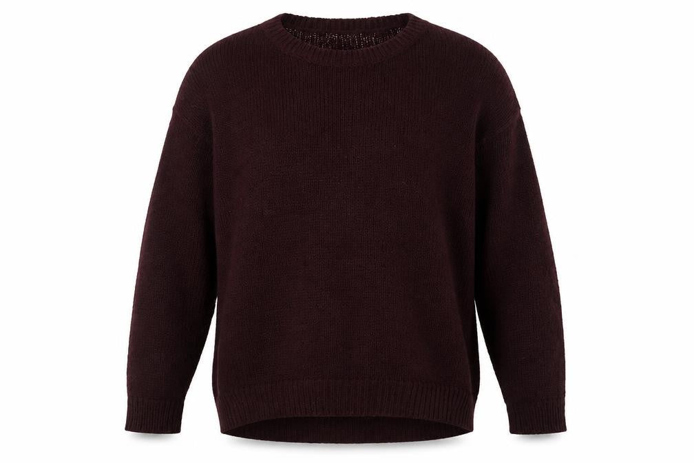 Front view of New Look men’s red round neck acrylic jumper, size M