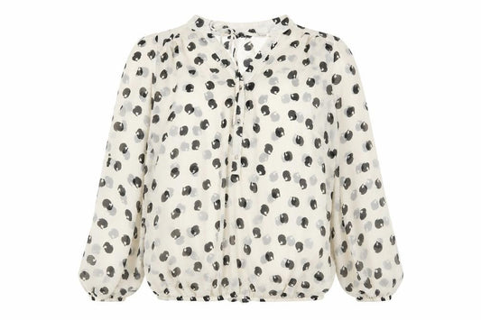 Front view of Moda women’s white polka dot polyester basic blouse, size L, v-neck
