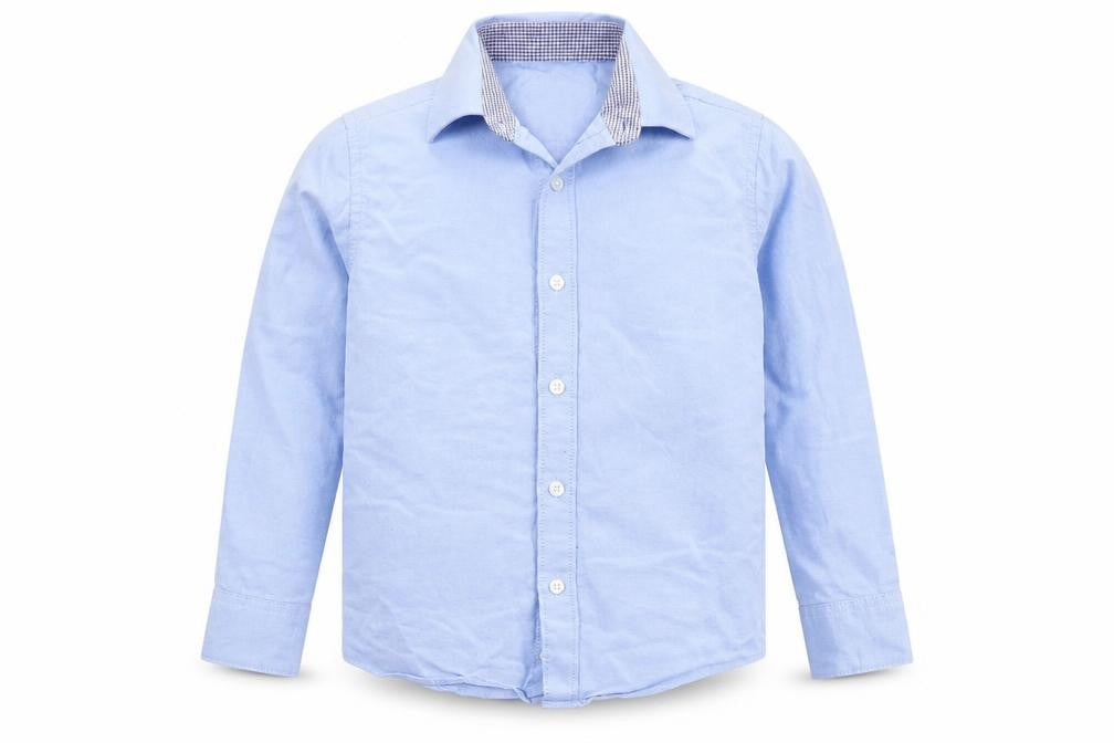 Front view of RJR.John Rocha boys’ blue cotton jersey button-up, size 6, years collared button
