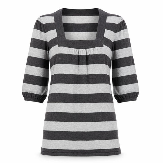 Front view of F&F women’s grey square neck striped viscose tunic jumper, size UK 10