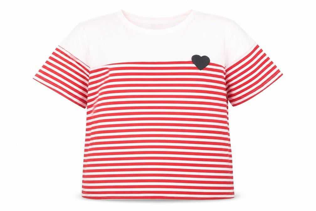 Front view of SHEIN women’s red striped polyester basic t-shirt, size 3XL, round neck