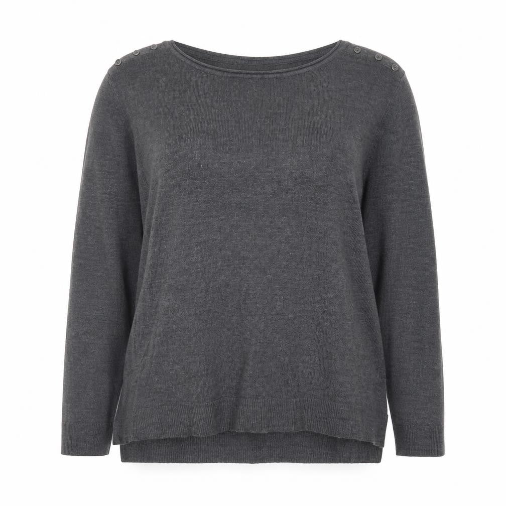 Front view of Atmosphere women’s grey round neck acrylic jumper, size UK 18