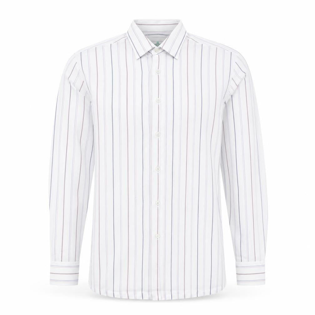 Front view of Greenwoods men’s multicoloured striped cotton button-up, size M, collared