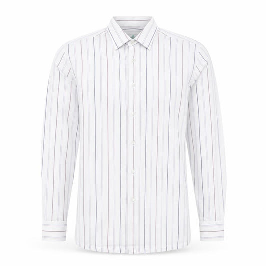 Front view of Greenwoods men’s multicoloured striped cotton button-up, size M, collared