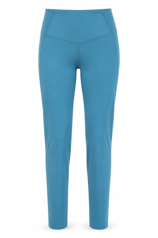 Front view of Myprotein women’s blue polyester compression leggings, size XS, 26-inch leg regular