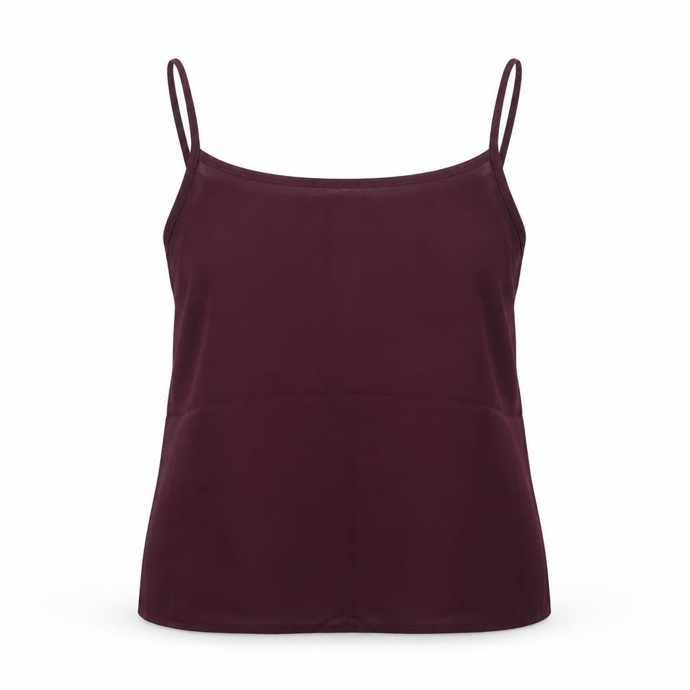 Front view of New Look women’s purple polyester camisole blouse, size UK 6, boat neck