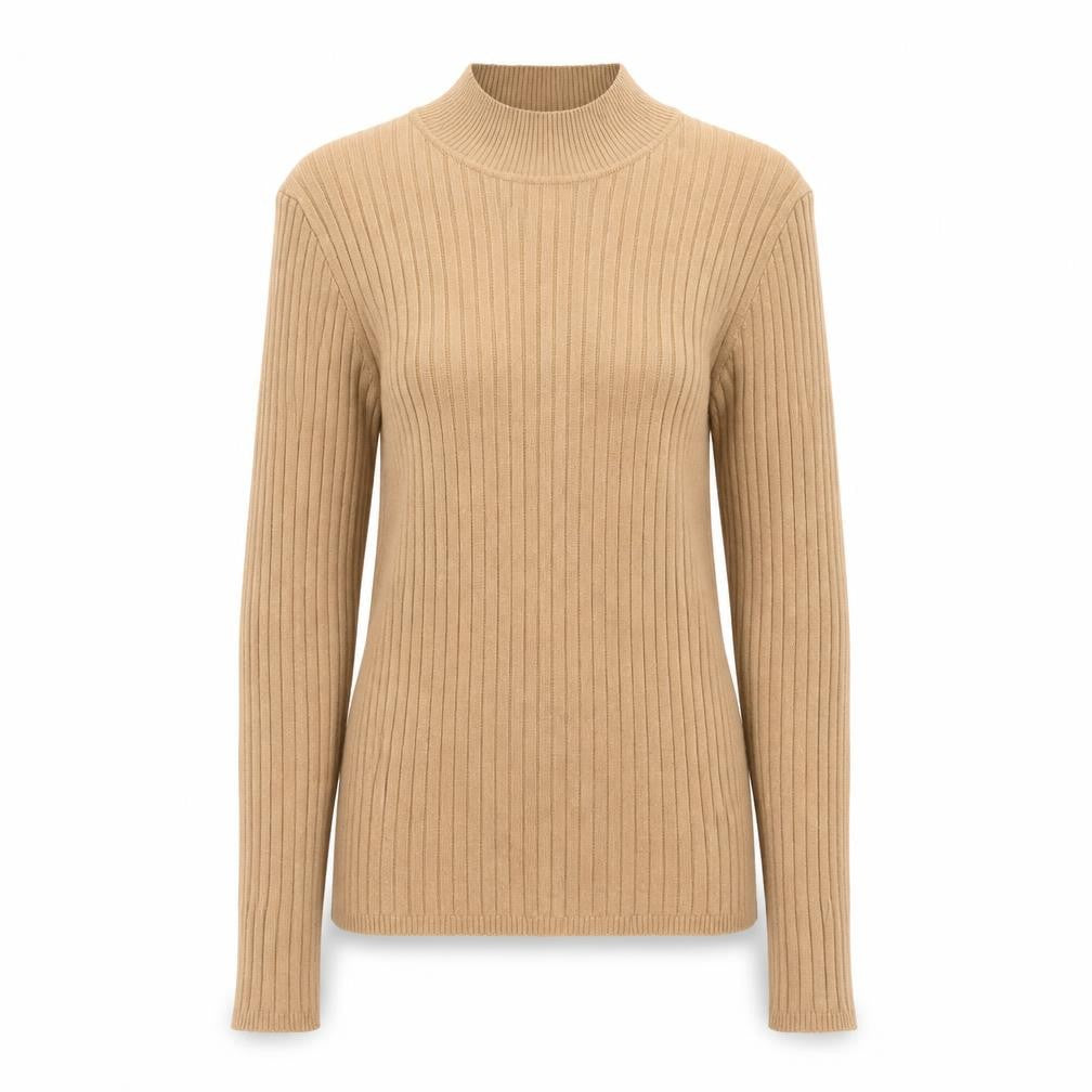 Front view of Primark women’s brown mock neck viscose jumper, size UK 10