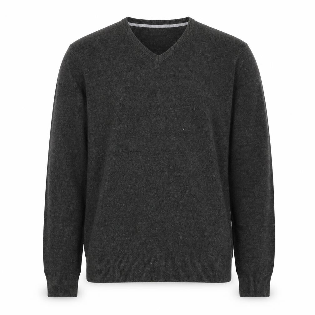 Front view of Peacocks men’s grey v-neck acrylic jumper, size L