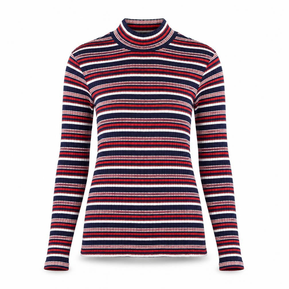 Front view of Tu women’s blue mock neck striped polyester jumper, size UK 8