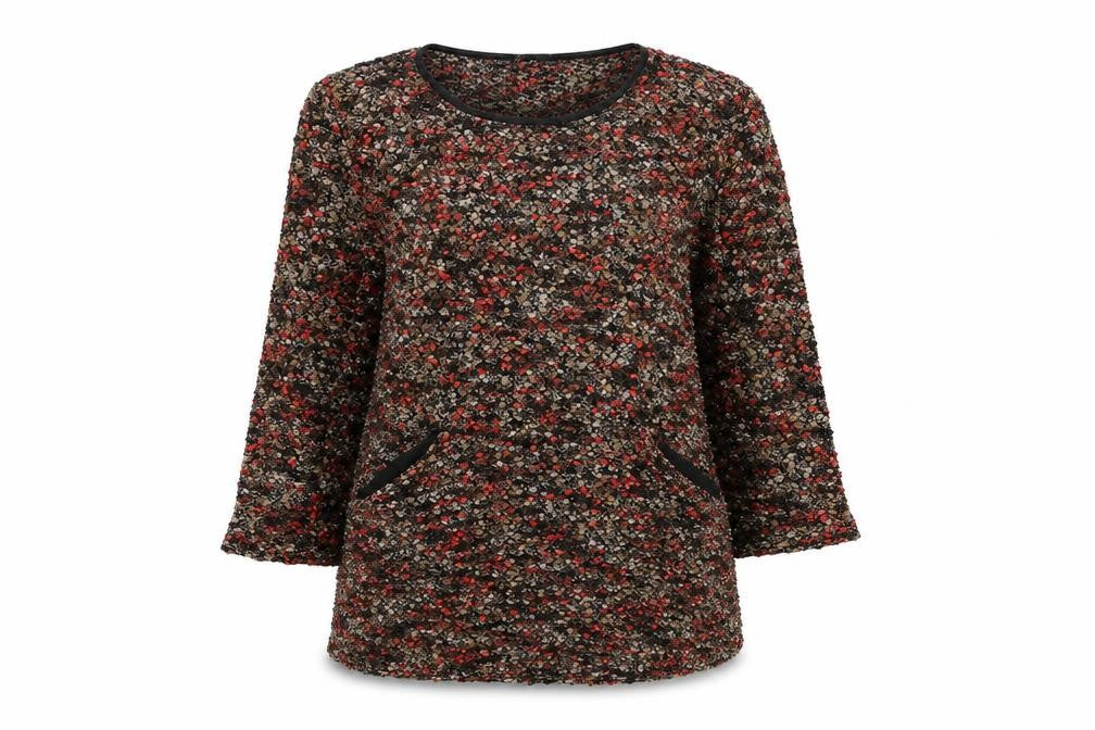 Front view of Isle women’s black round neck geometric polyester jumper, size UK 10