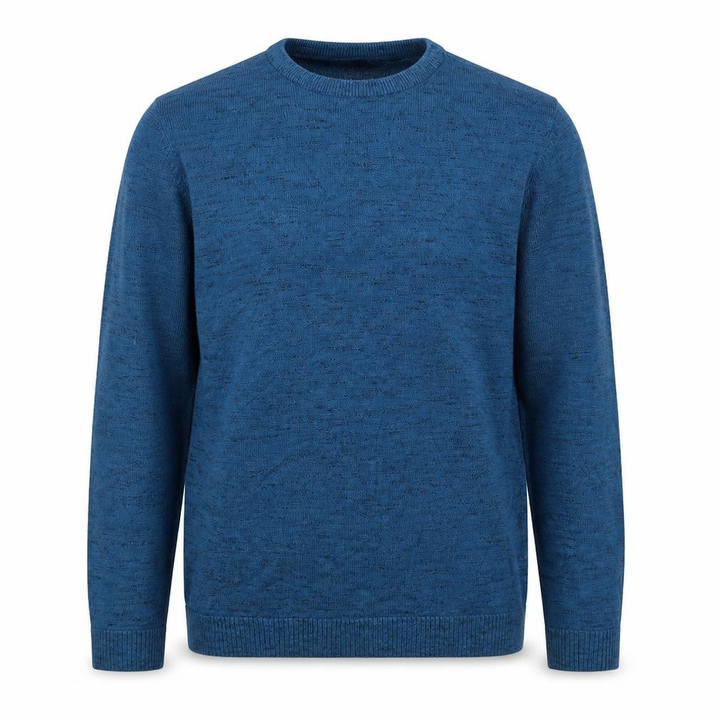 Front view of John Lewis men’s blue round neck polyester jumper, size S