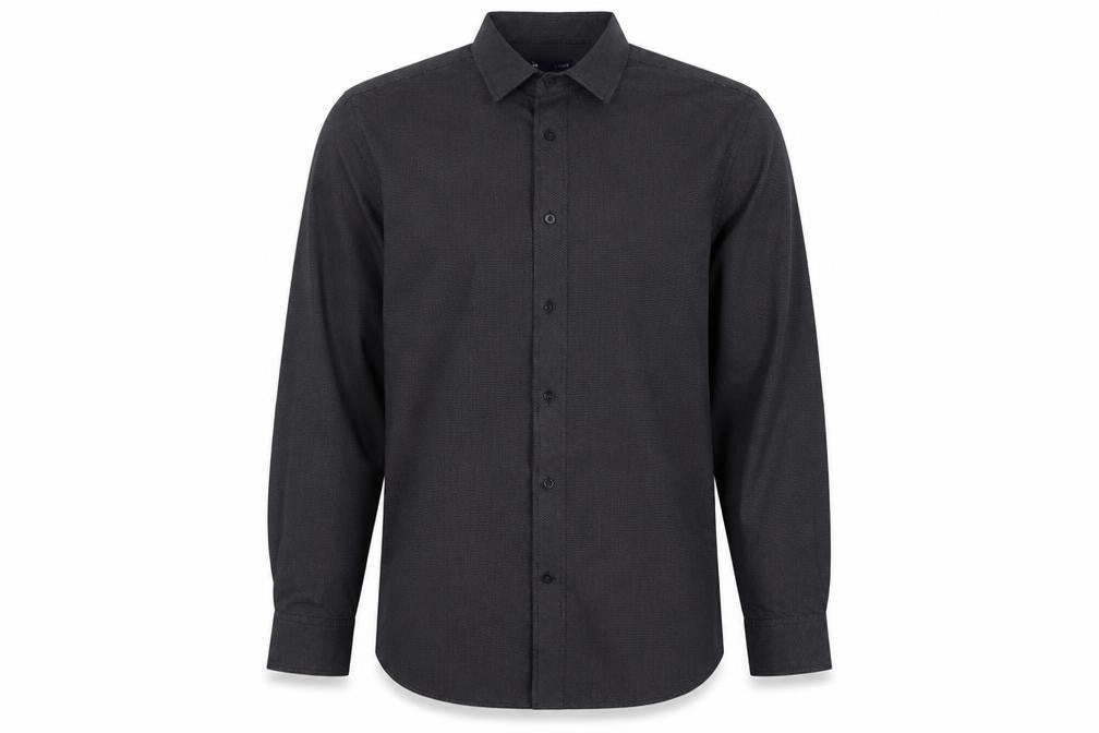 Front view of Target men’s grey polka dot cotton button-up, size L, collared