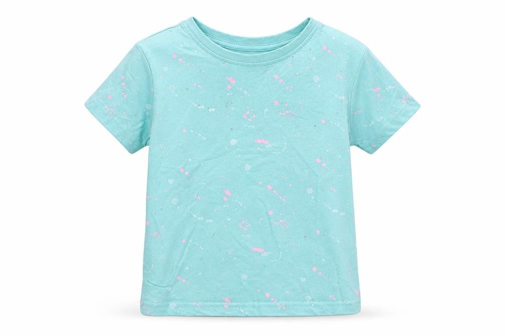 Front view of Primark boys’ blue geometric cotton basic t-shirt, size 2-3, years round neck pullover