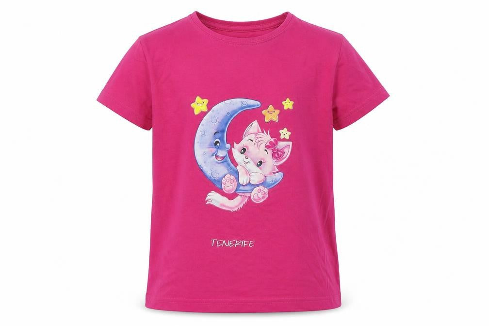 Front view of Texmania girls’ pink 100% cotton basic t-shirt, size 6, years round neck pullover - cat