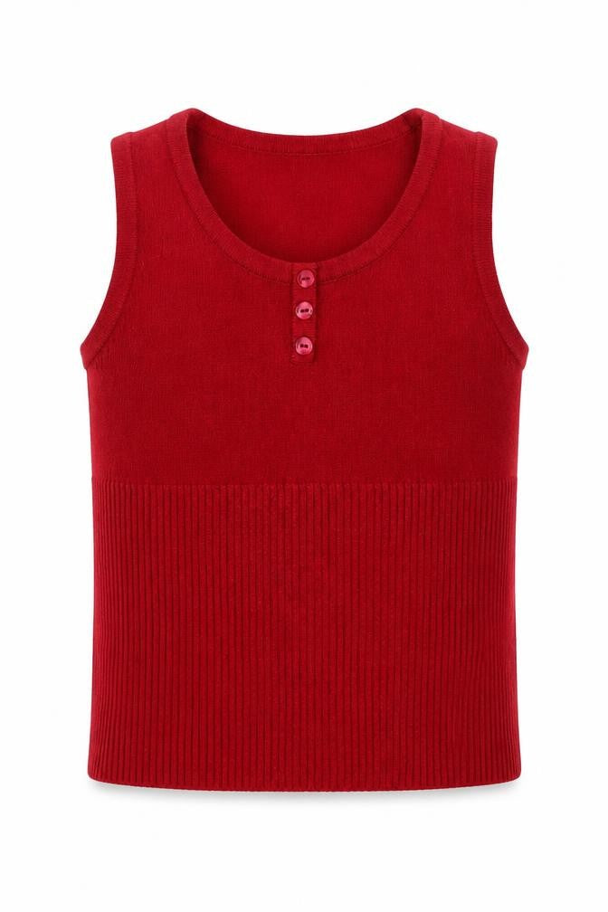 Front view of BHS girls’ red acrylic basic tank, size 4, years scoop neck pullover