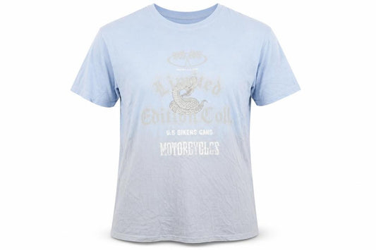 Front view of Boohoo men’s blue cotton t-shirt, size M, round neck - bikers gang