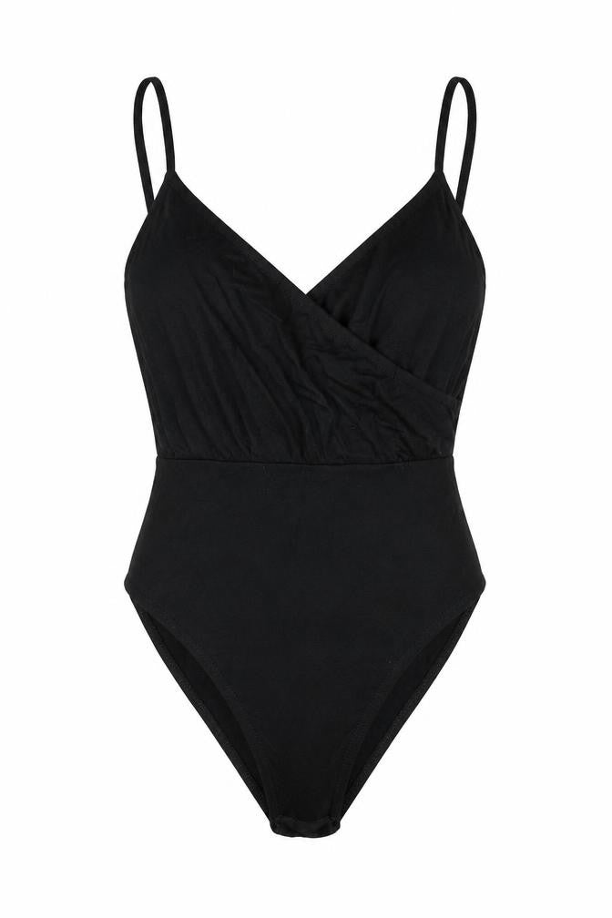 Front view of New Look women’s black polyester bodysuit one-piece, size UK 10, button