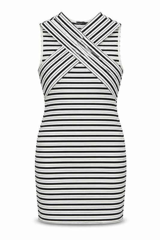 Front view of Boohoo women’s black striped polyester pencil dress, size UK 8, v-neck pullover