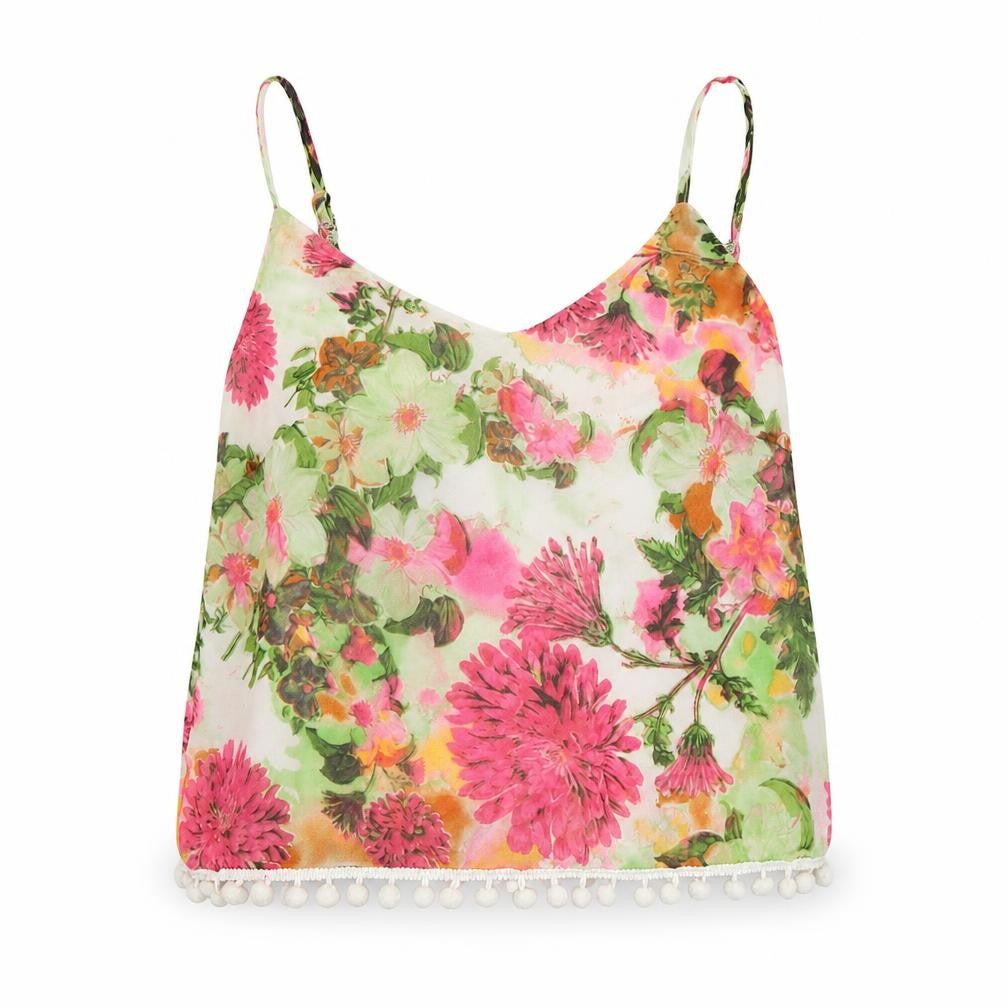 Front view of Quiz women’s multicoloured floral polyester camisole tank, size UK 6, v-neck
