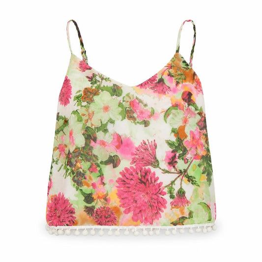 Front view of Quiz women’s multicoloured floral polyester camisole tank, size UK 6, v-neck