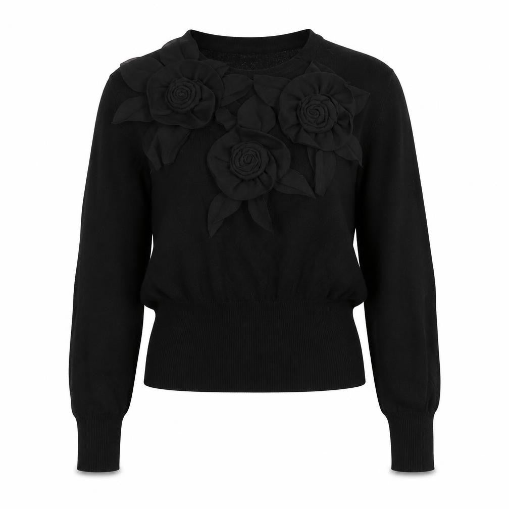 Front view of New York women’s black floral polyester basic blouse, size S, crew neck - rose