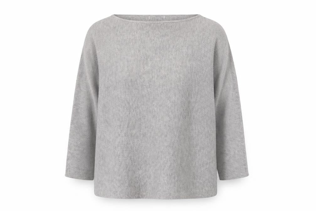 Front view of Preworn women’s grey boat neck polyester jumper, size M