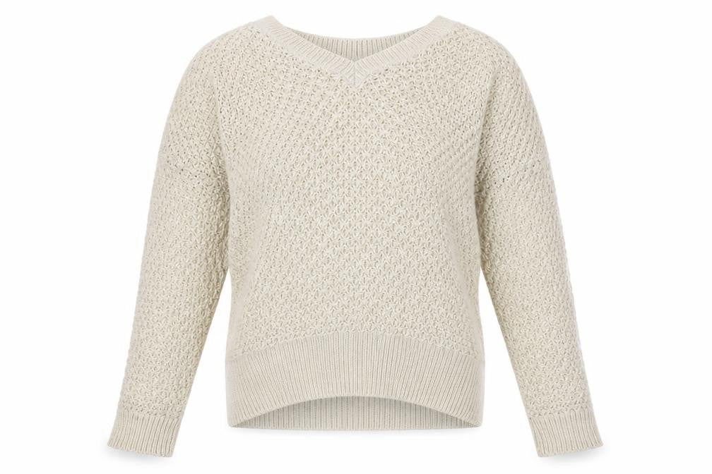 Front view of Next women’s beige v-neck acrylic jumper, size M