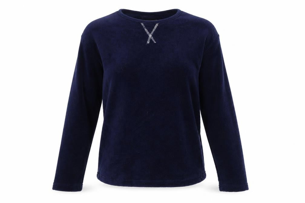 Front view of Hudson Bay women’s blue polyester pullover sweatshirt, size M