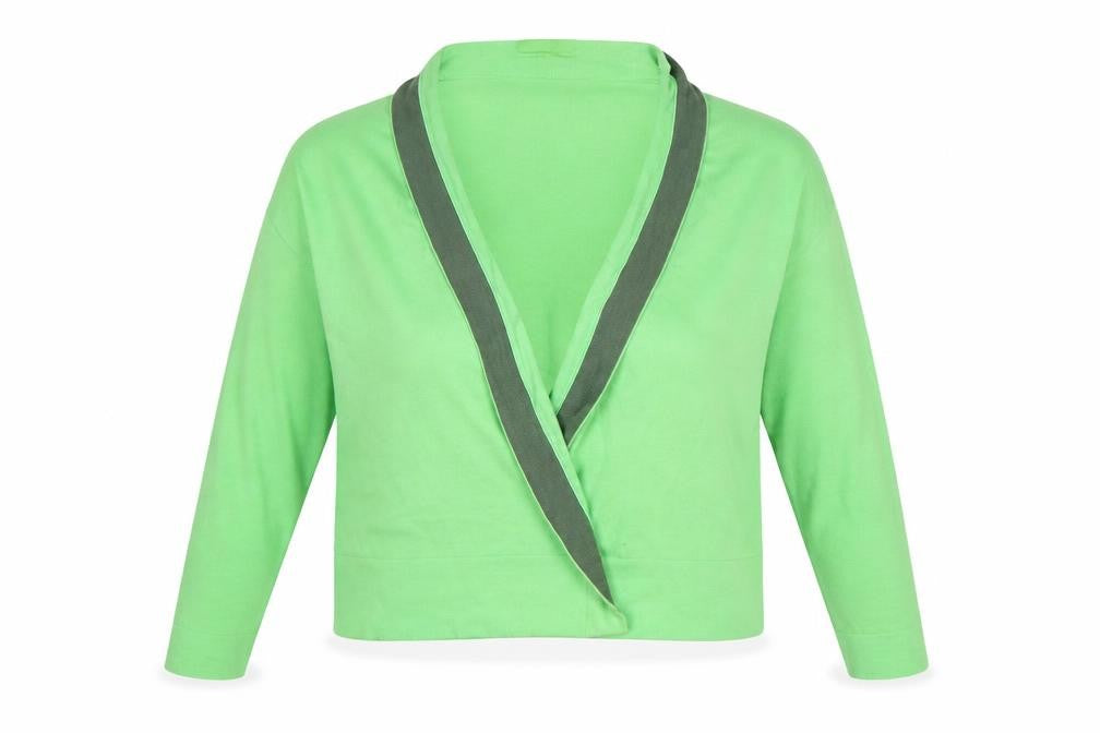 Front view of Next women’s green round neck striped cotton wrap jumper, size UK 12