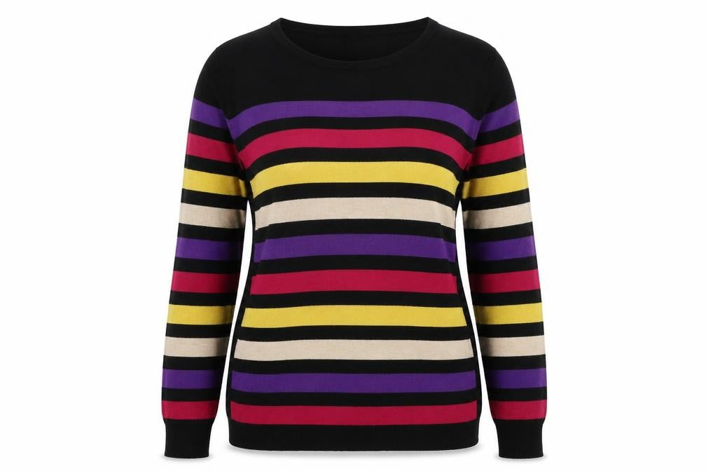 Front view of M&Co women’s multicoloured round neck striped viscose jumper, size UK 14