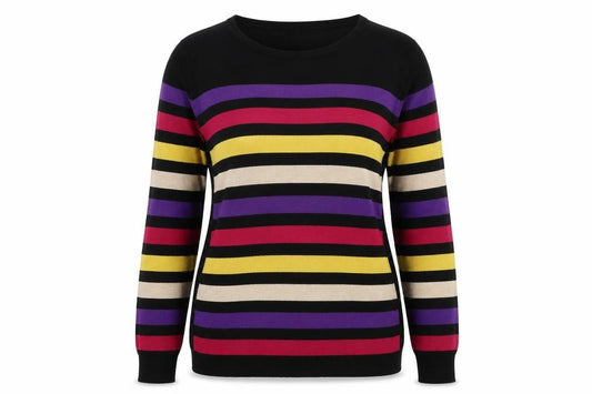 Front view of M&Co women’s multicoloured round neck striped viscose jumper, size UK 14