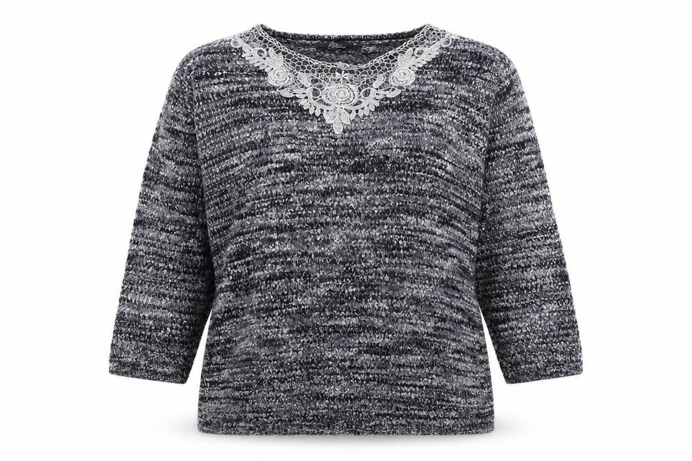 Front view of Bonmarché women’s grey v-neck geometric polyester jumper, size M