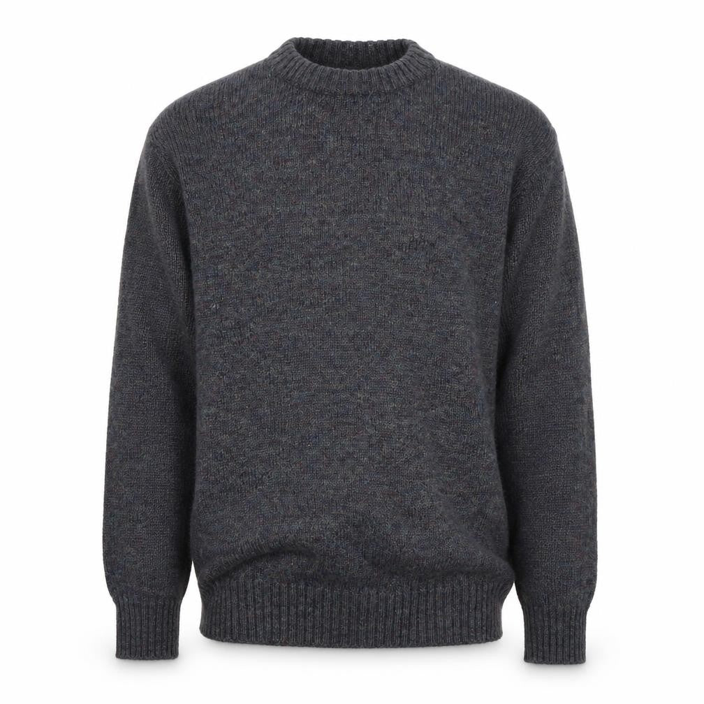 Front view of BHS men’s grey round neck acrylic jumper, size S
