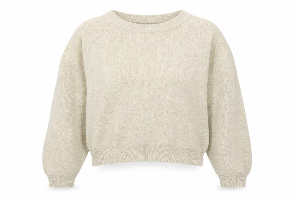 Front view of H&M women’s beige round neck acrylic jumper, size L