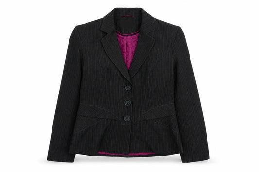 Front view of Next women’s grey striped jacket, size UK 14, button