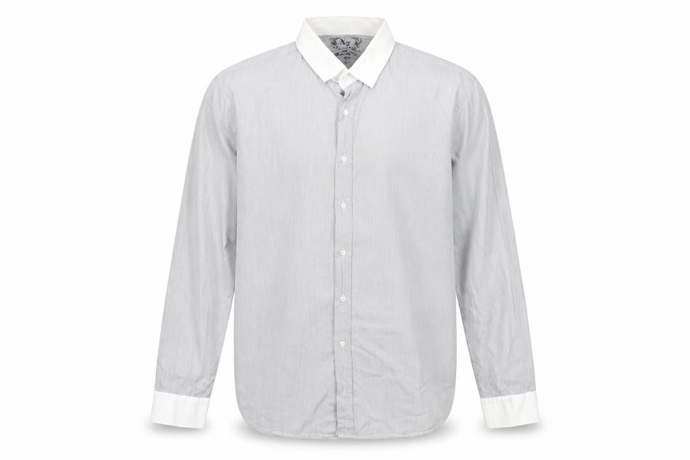 Front view of Cedarwood State men’s grey cotton button-up, size XL, collared button