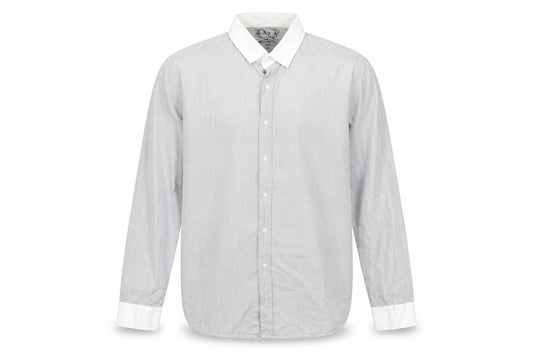 Front view of Cedarwood State men’s grey cotton button-up, size XL, collared button