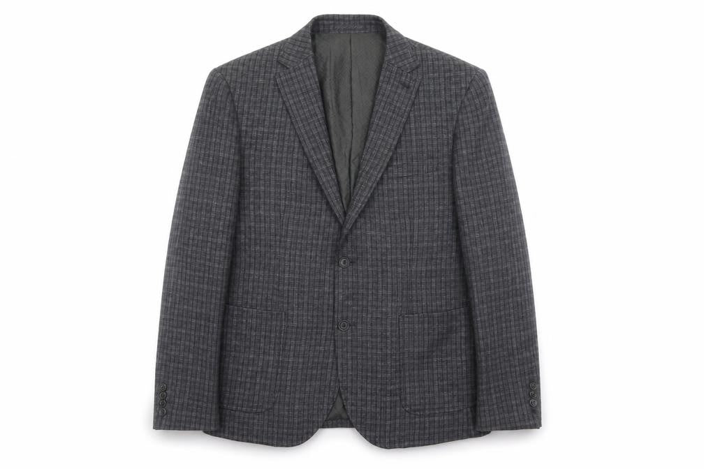 Front view of Next men’s grey plaid wool jacket suit jacket, size 42