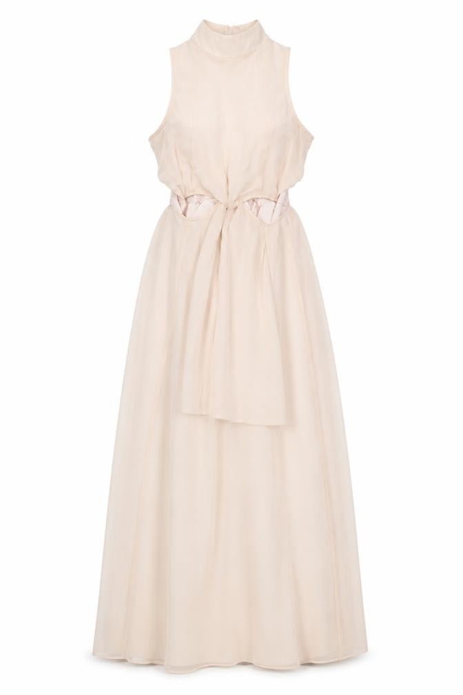 Front view of River Island women’s pink polyester ball gown, size UK 8, halter button