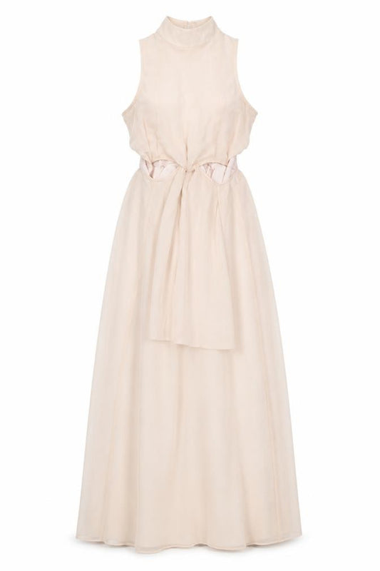 Front view of River Island women’s pink polyester ball gown, size UK 8, halter button